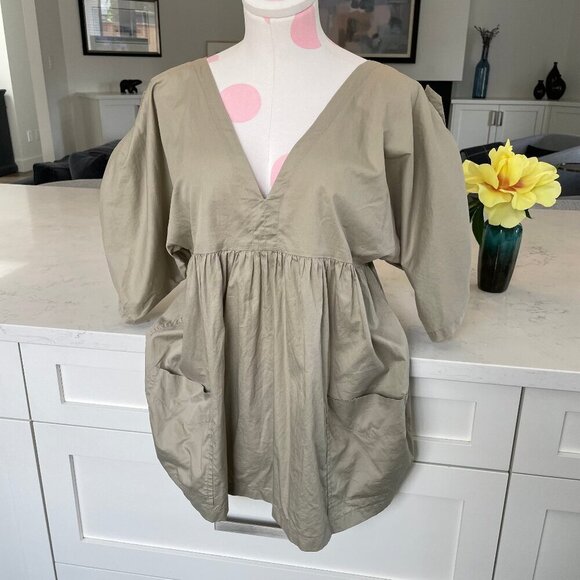 Isabel Marant Etoile Adjustable SS Deep VNeck 100% Cotton Boho Top Khaki Sz 0 - Picture 1 of 11